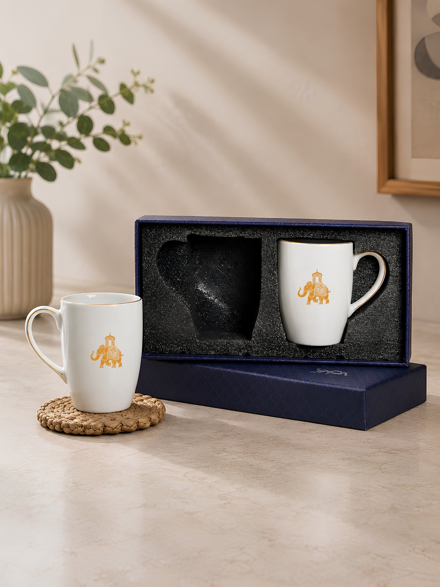 Gaj Porcelain Coffee Mug Set of 2 | 230ml Elephant Design