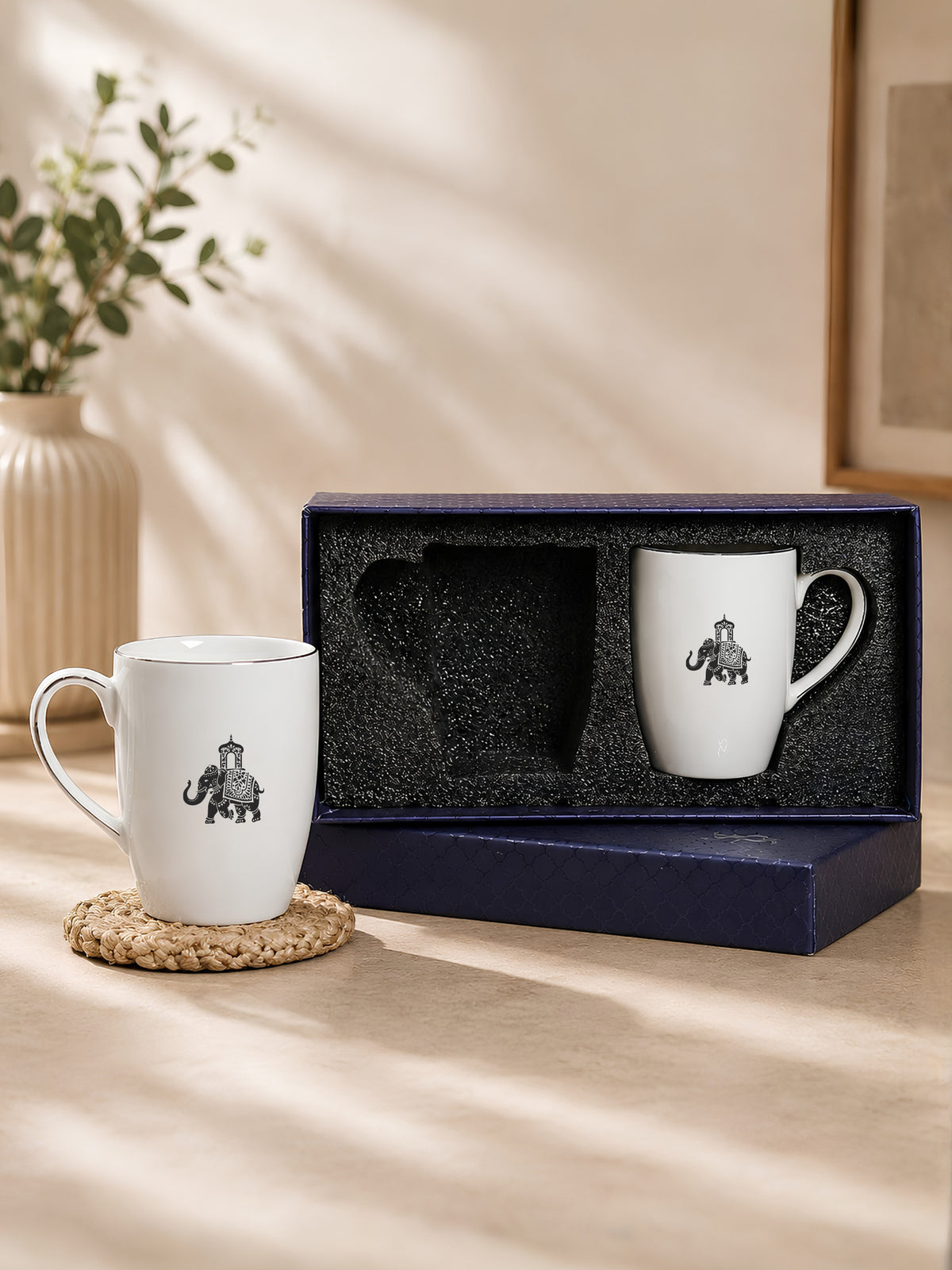 Gaj Porcelain Coffee Mug Set of 2 | 230ml Elephant Design