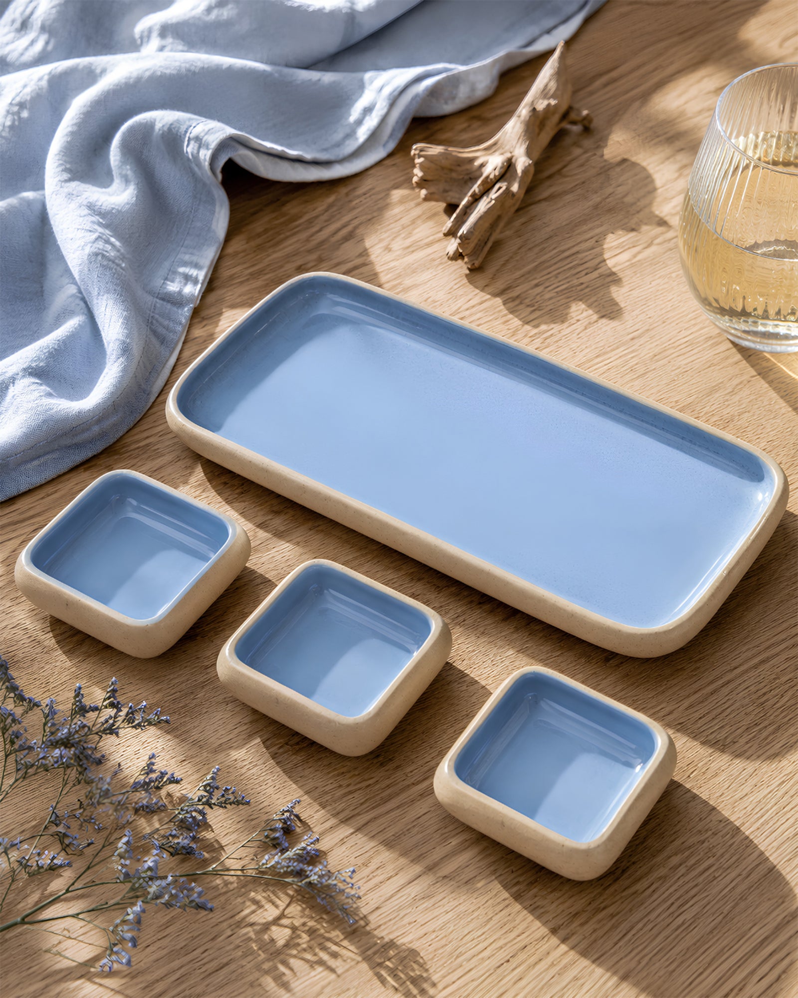 Earthen Soul Dip &amp; Serve Set | Rectangle Platter with 3 Square Dip Bowls | Earth Porcelain
