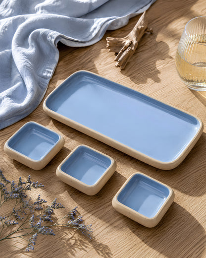 Earthen Soul Dip &amp; Serve Set | Rectangle Platter with 3 Square Dip Bowls | Earth Porcelain