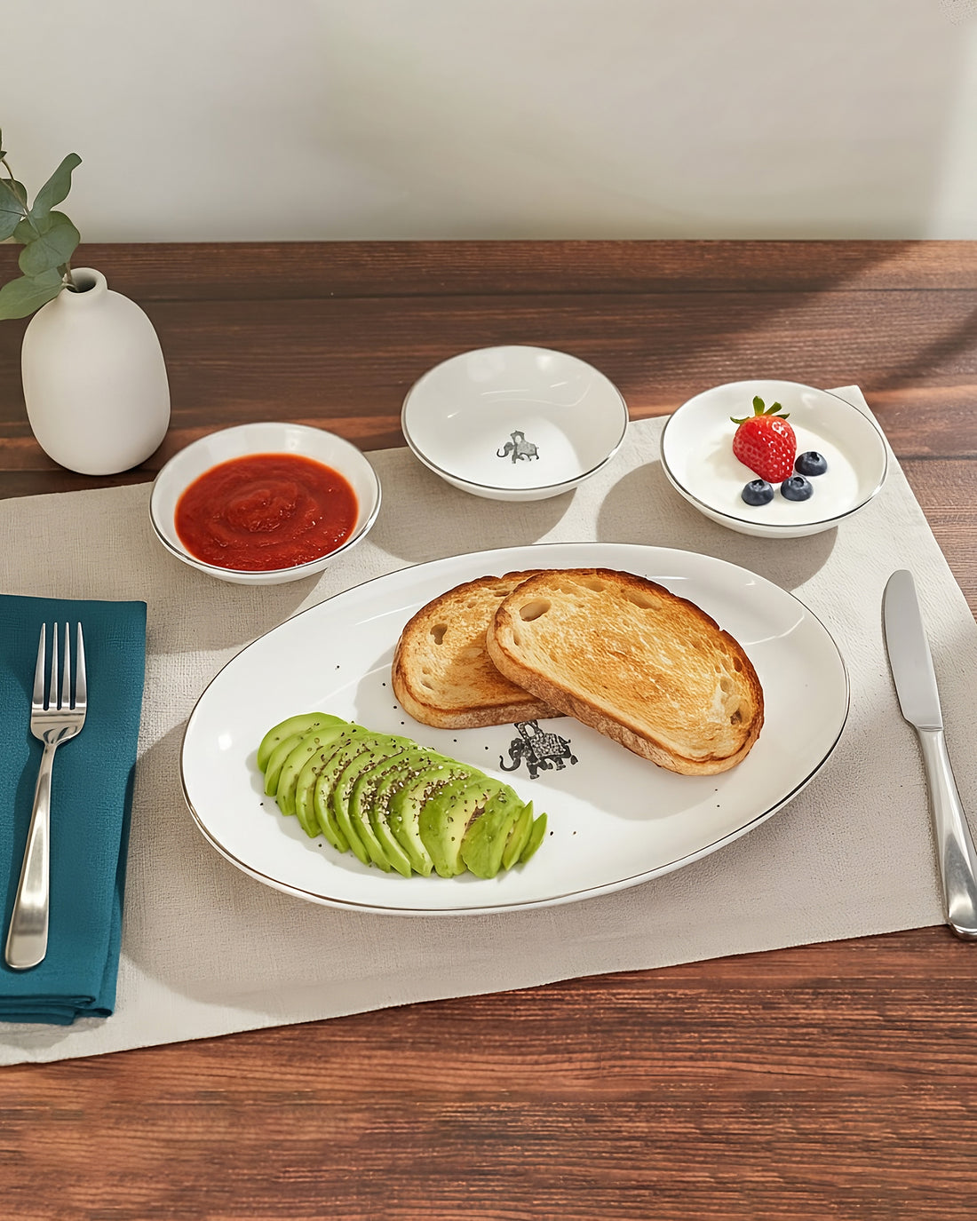 Gaj Collection Trio Bowls with Oval Platter – Set of 4 | Porcelain with Platinum Rim