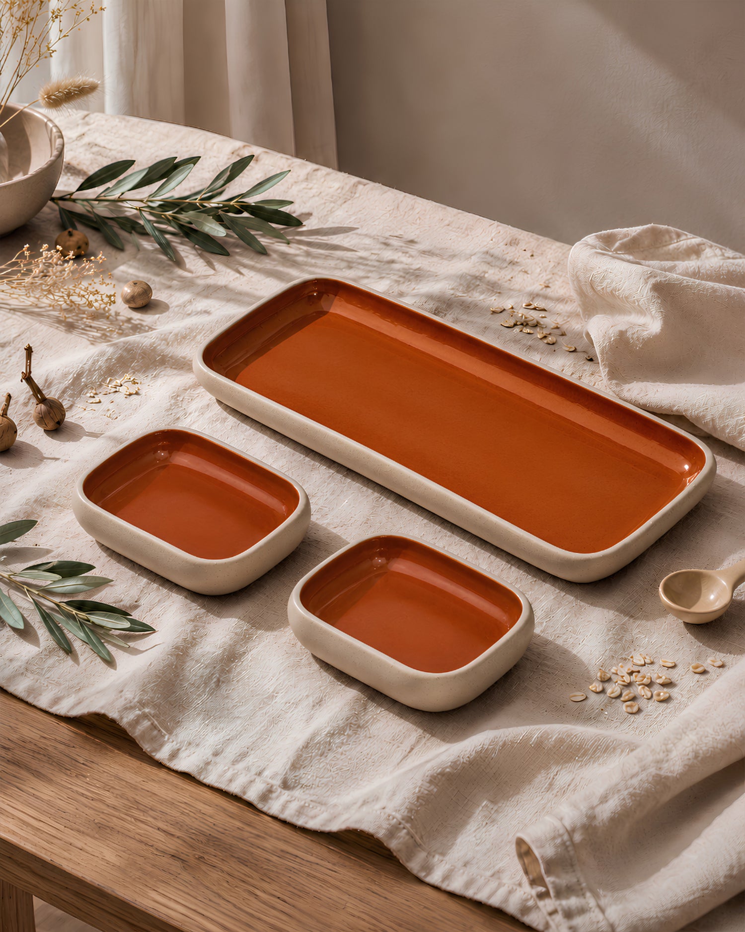 Earthen Soul Serving Trio | Rectangle Platter with 2 Rectangle Bowls | Earth Porcelain