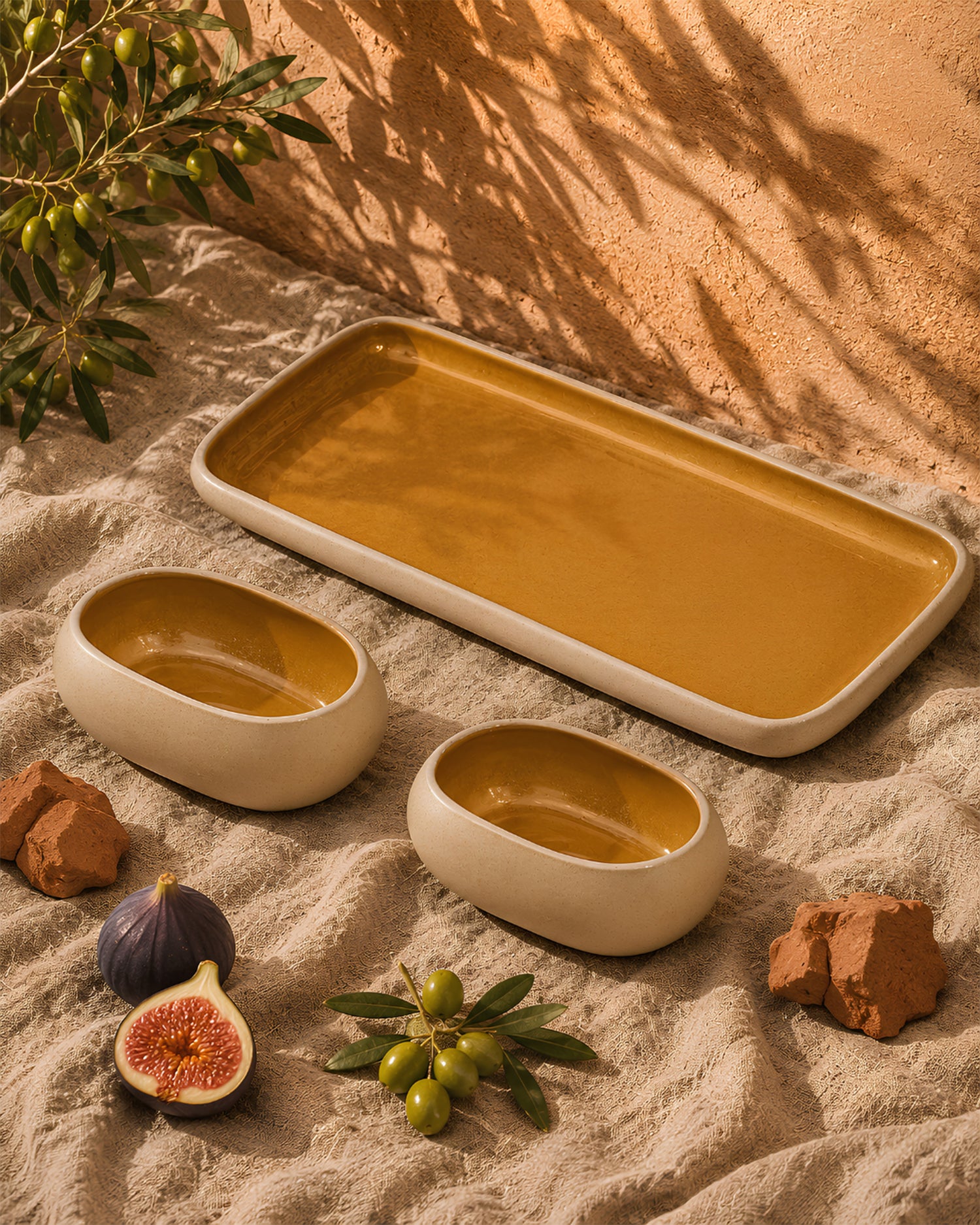 Earthen Soul Serve &amp; Share Set | Rectangle Platter with 2 Oval Bowls | Earth Porcelain