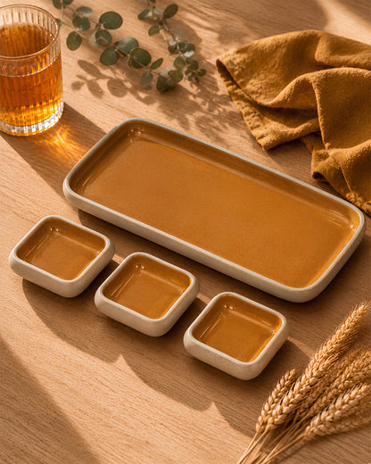 Earthen Soul Dip &amp; Serve Set | Rectangle Platter with 3 Square Dip Bowls | Earth Porcelain
