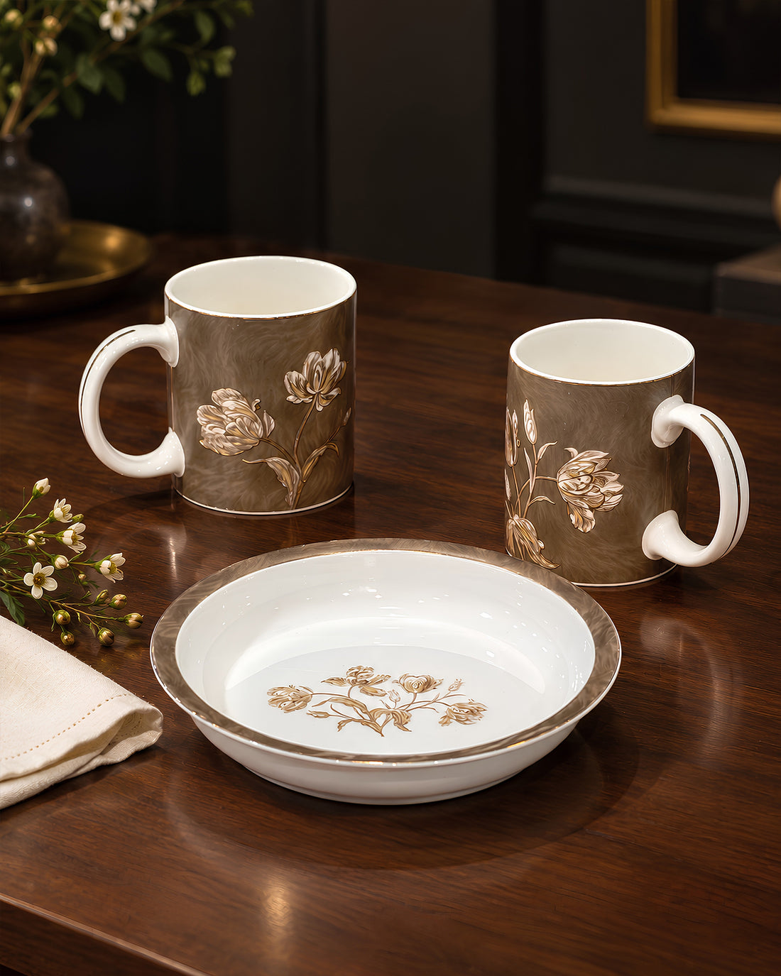 Sepia Garden – Sip &amp; Savour Porcelain 3-Piece Set | 2 Mugs (300ml) &amp; 1 Deep Snack Plate
