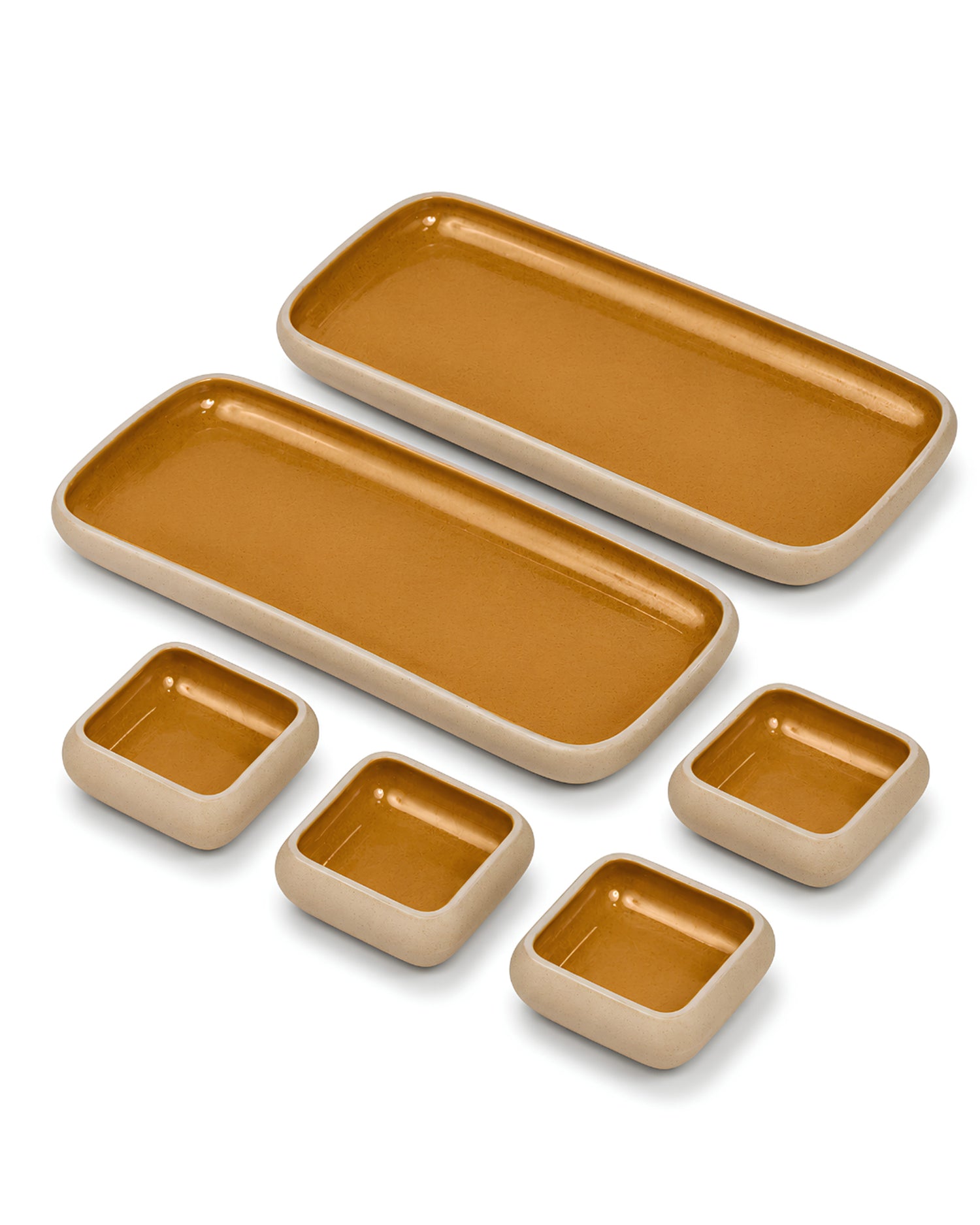 Earthen Soul Long Tray Set | 2 Rectangle Platters with 4 Square Dip Bowls | Earth Porcelain