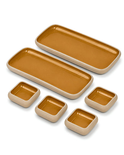 Earthen Soul Long Tray Set | 2 Rectangle Platters with 4 Square Dip Bowls | Earth Porcelain