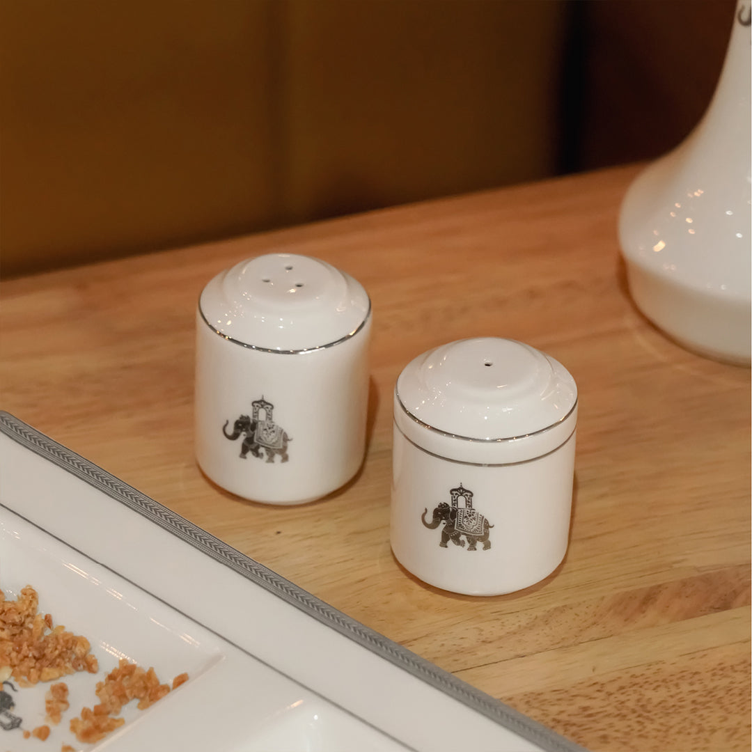 Gaj Salt &amp; Pepper Set – Porcelain Shakers with Platinum Detailing | Elephant Motif | Elegant Tabletop Essentials
