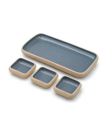 Earthen Soul Dip &amp; Serve Set | Rectangle Platter with 3 Square Dip Bowls | Earth Porcelain