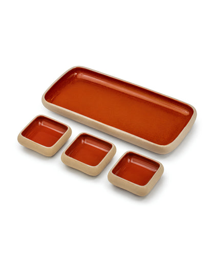 Earthen Soul Dip &amp; Serve Set | Rectangle Platter with 3 Square Dip Bowls | Earth Porcelain