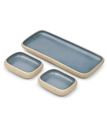 Earthen Soul Serving Trio | Rectangle Platter with 2 Rectangle Bowls | Earth Porcelain