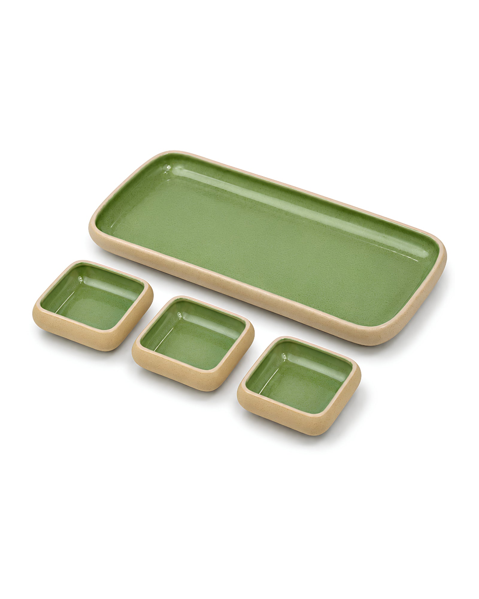 Earthen Soul Dip &amp; Serve Set | Rectangle Platter with 3 Square Dip Bowls | Earth Porcelain