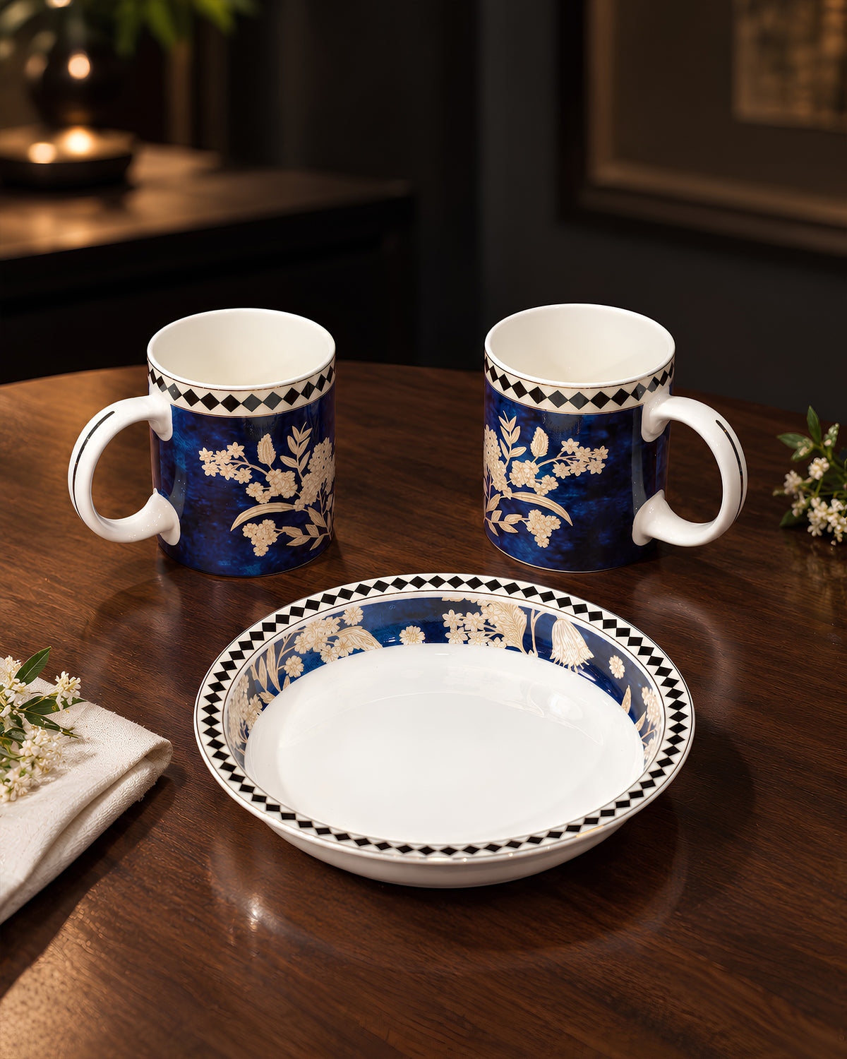 Midnight Fleur – Sip &amp; Savour Porcelain 3-Piece Set | 2 Mugs (300ml) &amp; 1 Deep Snack Plate