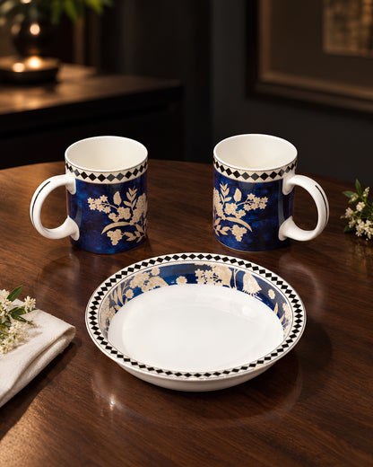 Midnight Fleur – Sip &amp; Savour Porcelain 3-Piece Set | 2 Mugs (300ml) &amp; 1 Deep Snack Plate