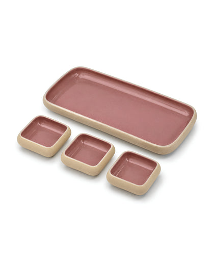 Earthen Soul Dip &amp; Serve Set | Rectangle Platter with 3 Square Dip Bowls | Earth Porcelain