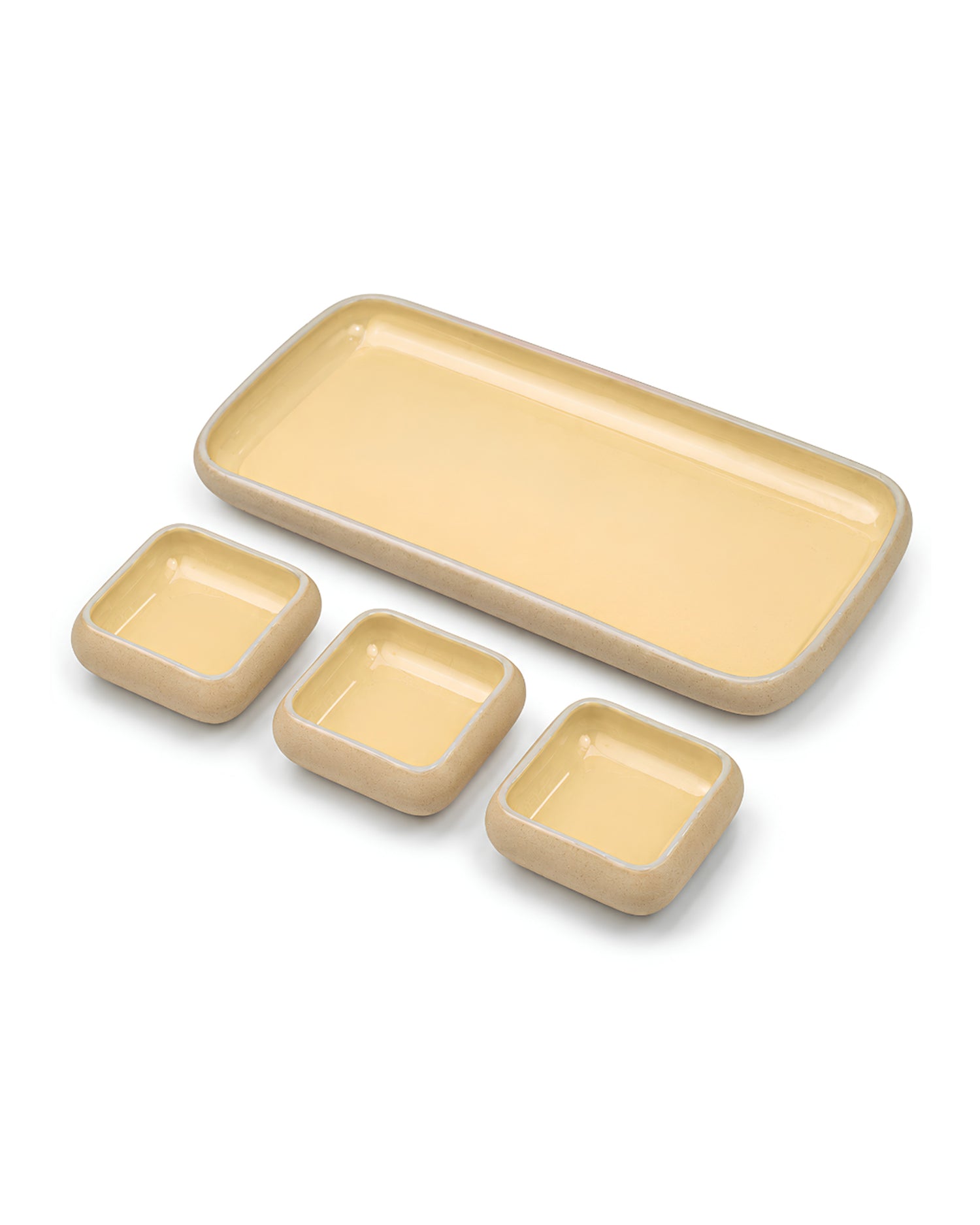Earthen Soul Dip &amp; Serve Set | Rectangle Platter with 3 Square Dip Bowls | Earth Porcelain