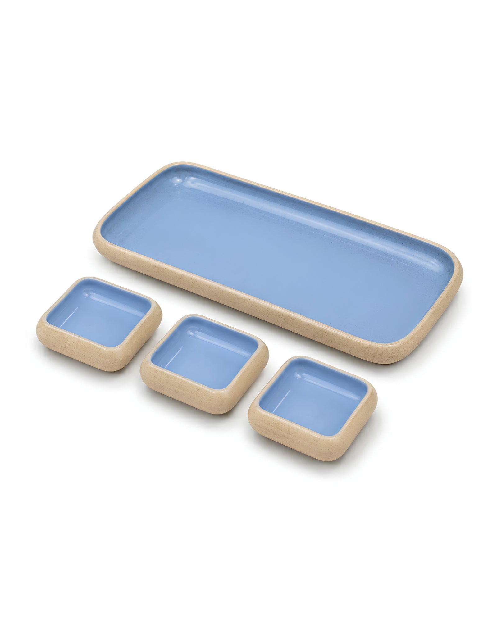 Earthen Soul Dip &amp; Serve Set | Rectangle Platter with 3 Square Dip Bowls | Earth Porcelain