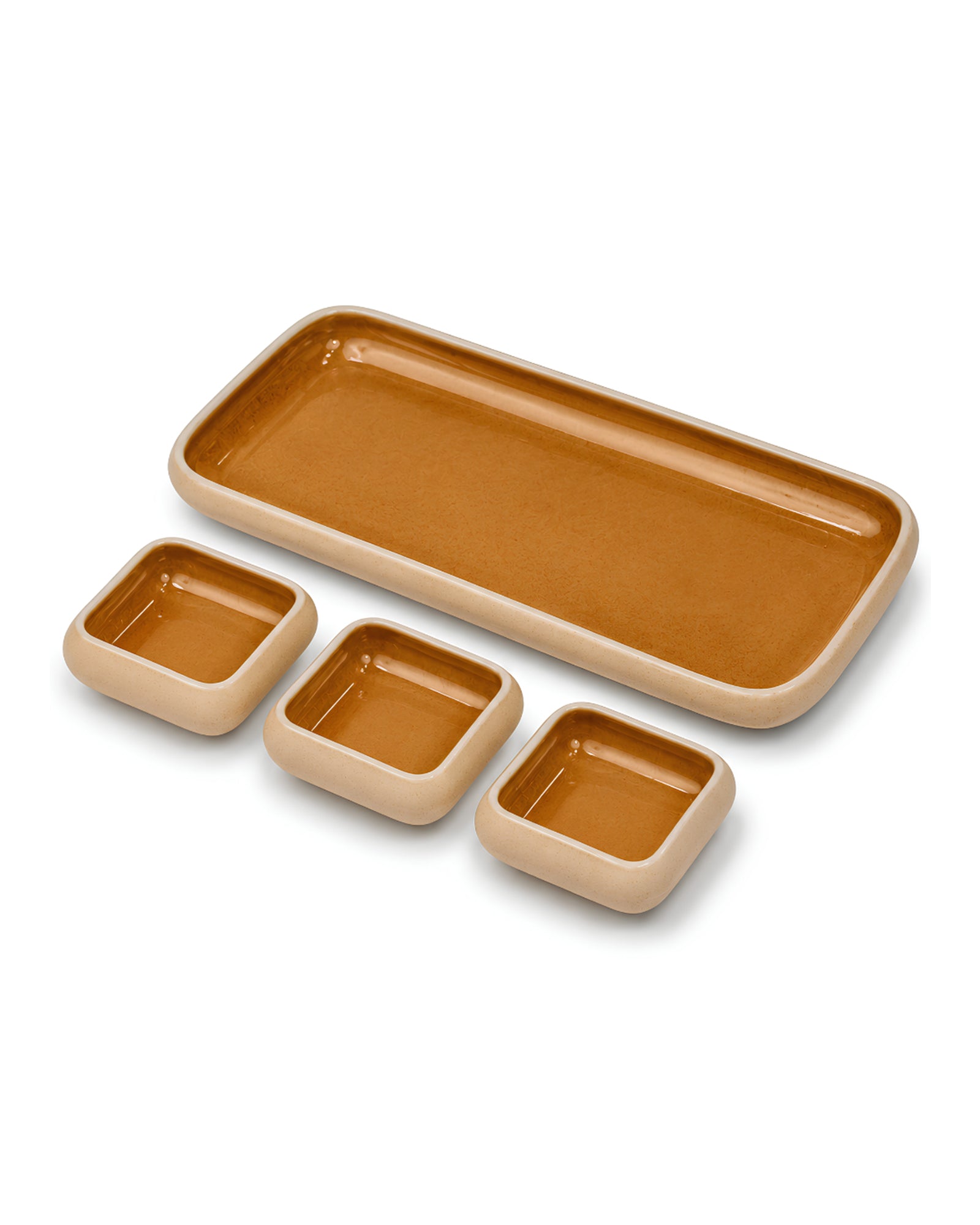 Earthen Soul Dip &amp; Serve Set | Rectangle Platter with 3 Square Dip Bowls | Earth Porcelain