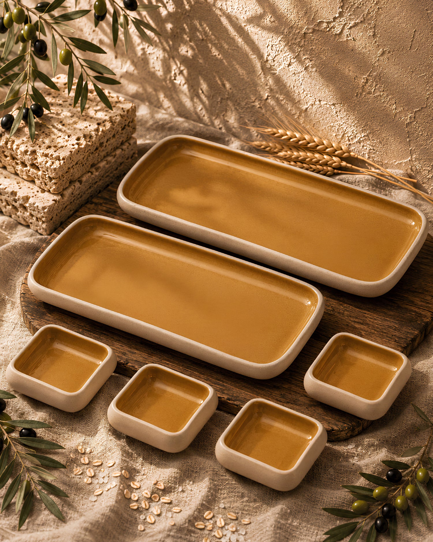 Earthen Soul Long Tray Set | 2 Rectangle Platters with 4 Square Dip Bowls | Earth Porcelain
