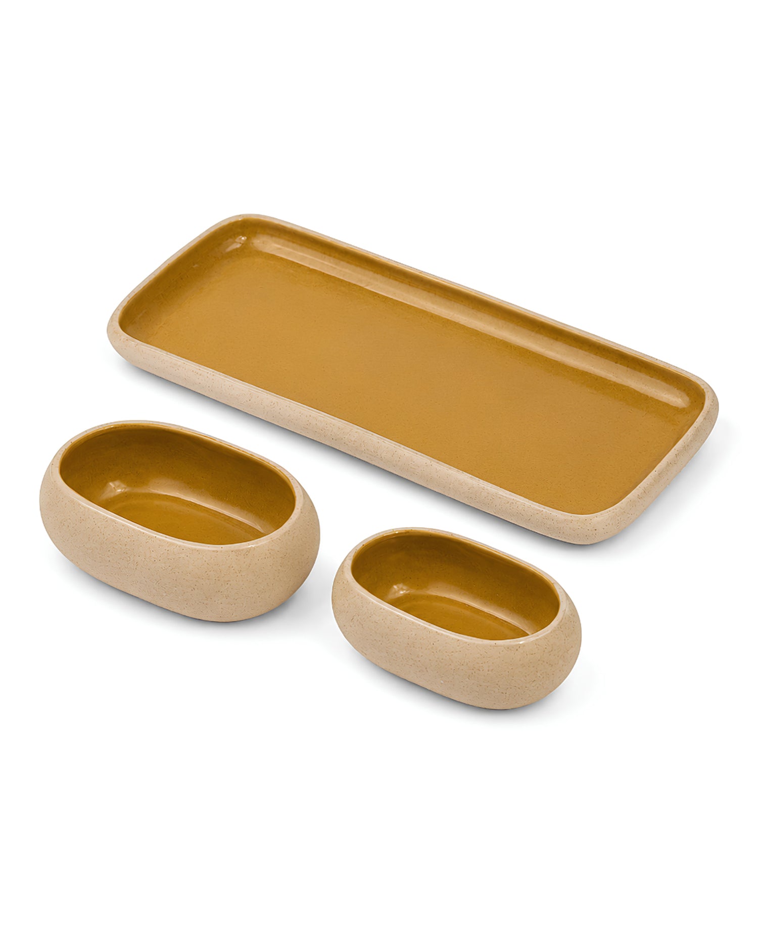 Earthen Soul Serve &amp; Share Set | Rectangle Platter with 2 Oval Bowls | Earth Porcelain