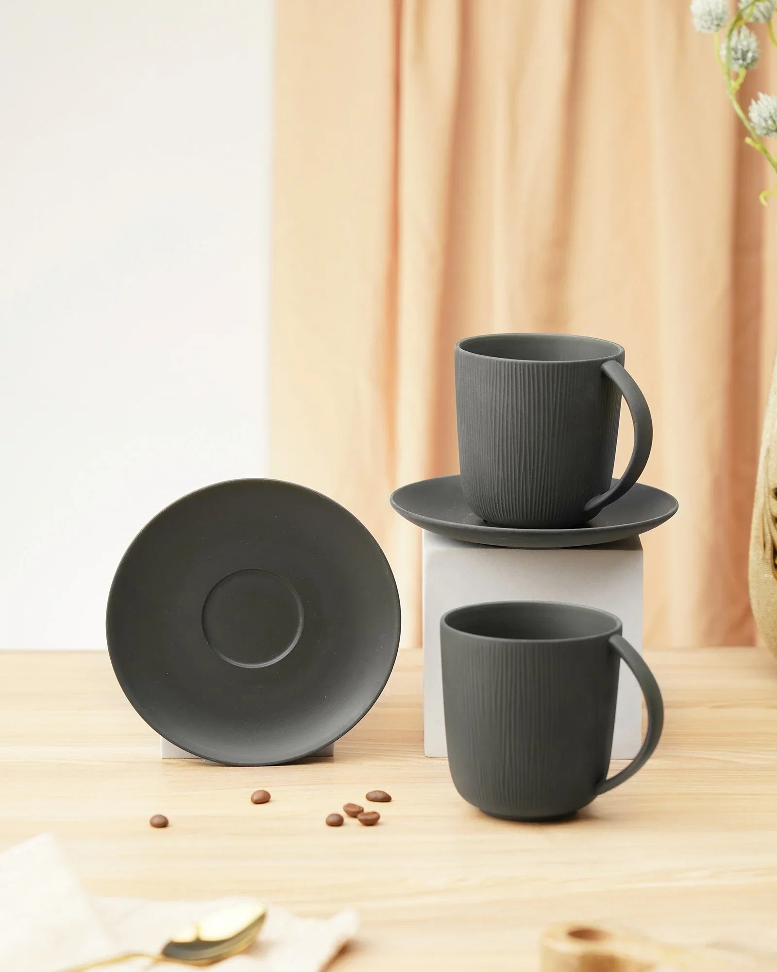 Vogue Conical Fine Porcelain Cup &amp; Saucer Set of 4 – Modern Tapered Design for Tea &amp; Coffee - Vola Global