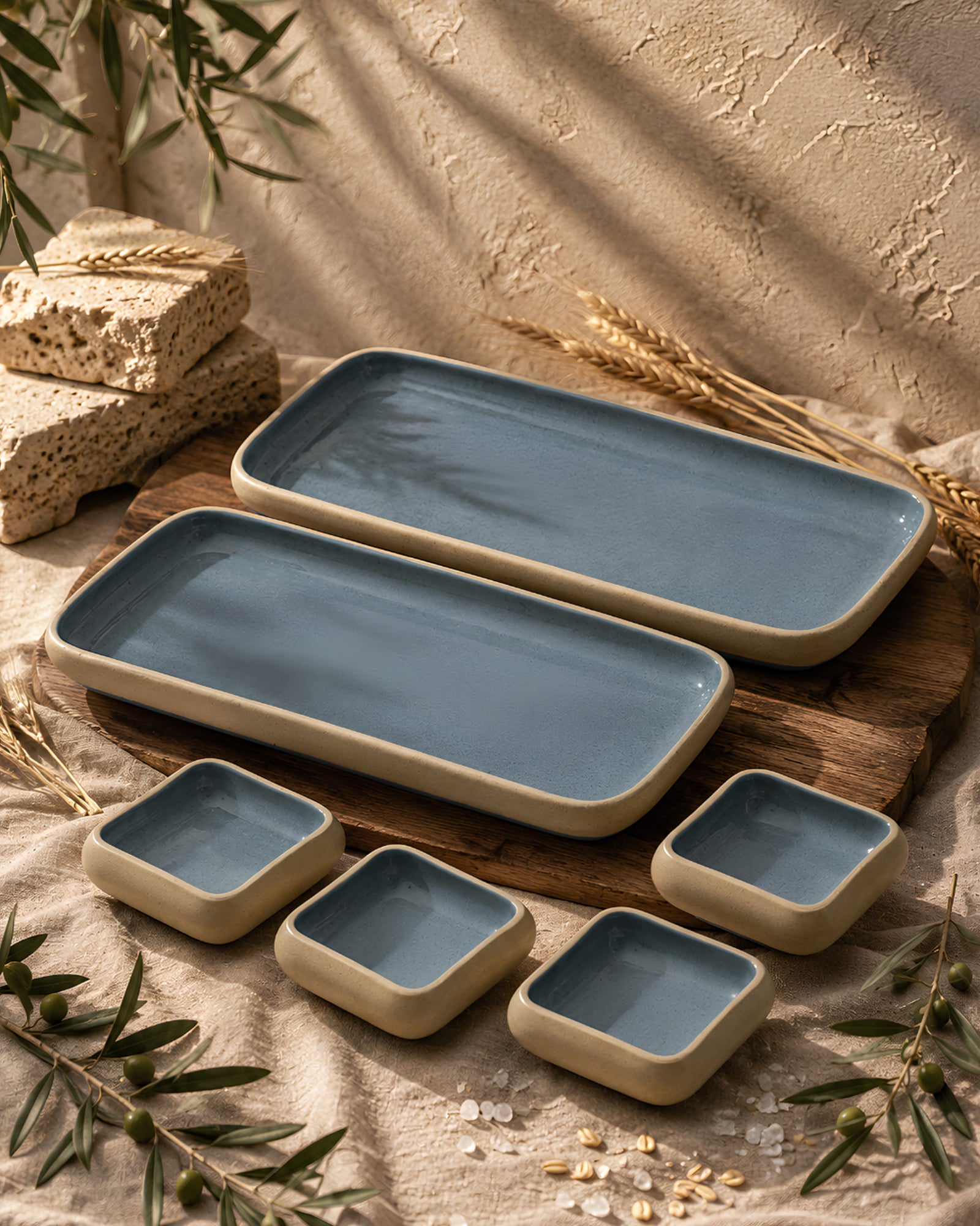 Earthen Soul Long Tray Set | 2 Rectangle Platters with 4 Square Dip Bowls | Earth Porcelain