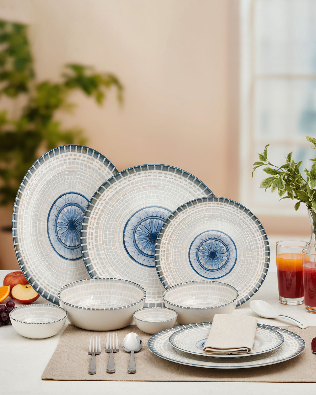 Pixel Collection Sora Fine Porcelain Dinnerware Set of 33 Pcs – Elegant Blue Mosaic Ceramic Tableware