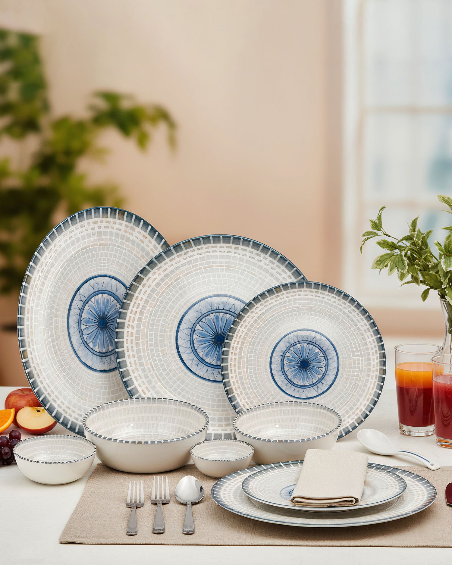 Pixel Collection Sora Fine Porcelain Dinnerware Set of 33 Pcs – Elegant Blue Mosaic Ceramic Tableware