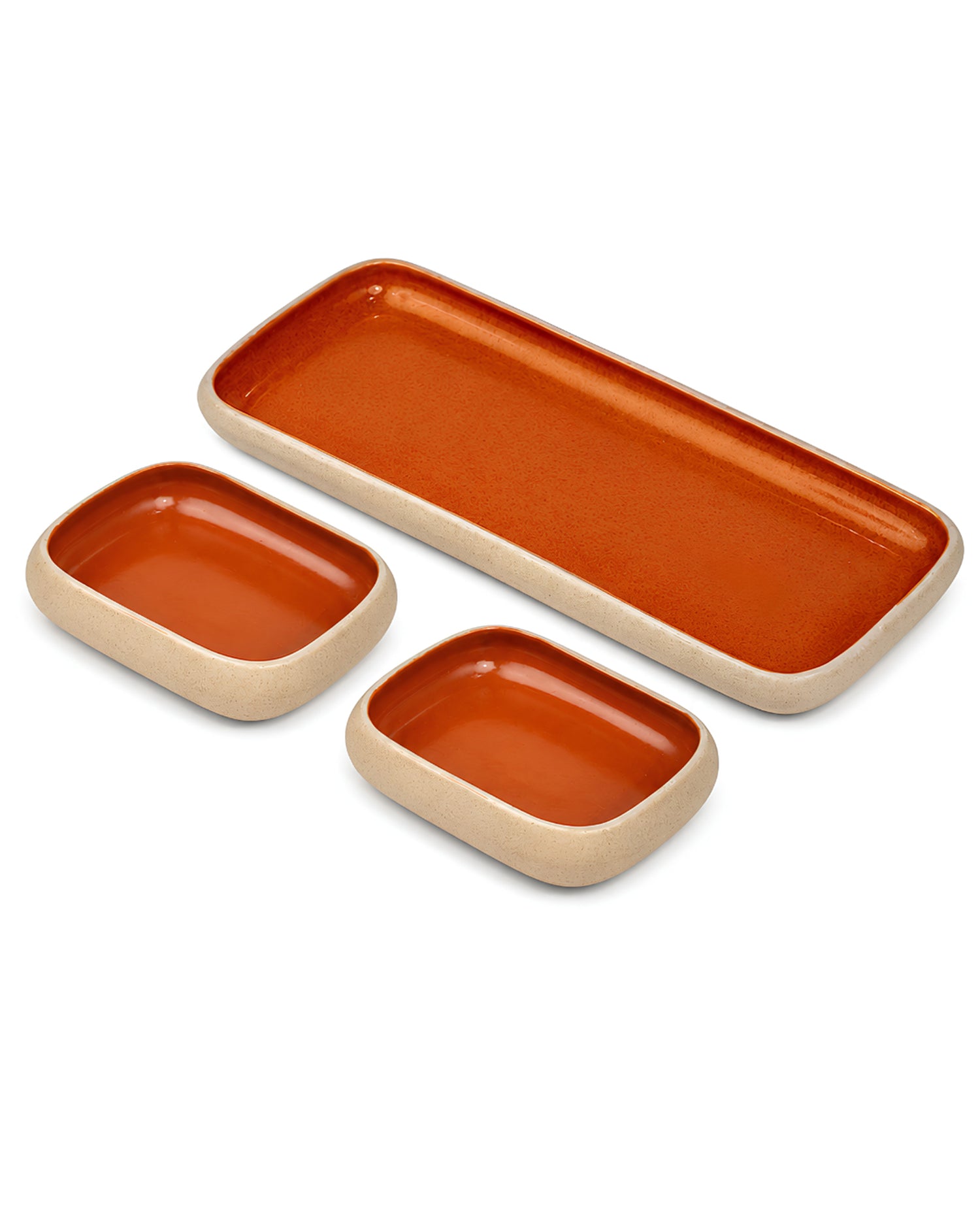 Earthen Soul Serving Trio | Rectangle Platter with 2 Rectangle Bowls | Earth Porcelain