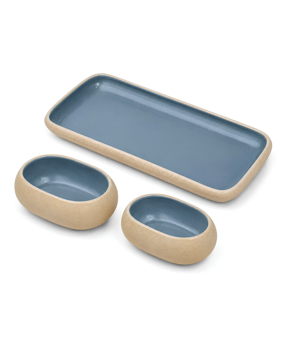 Earthen Soul Serve &amp; Share Set | Rectangle Platter with 2 Oval Bowls | Earth Porcelain