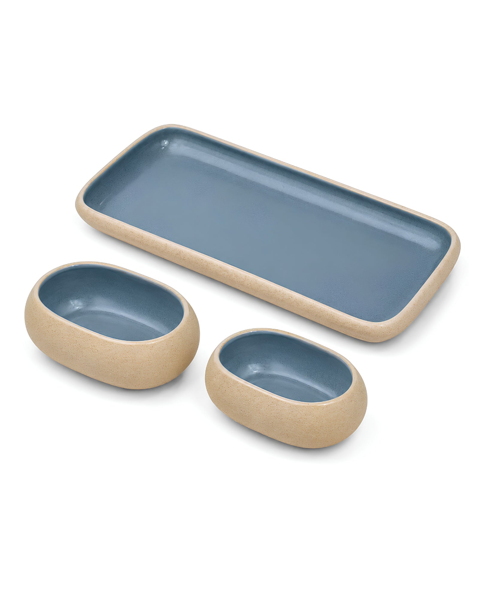 Earthen Soul Serve &amp; Share Set | Rectangle Platter with 2 Oval Bowls | Earth Porcelain