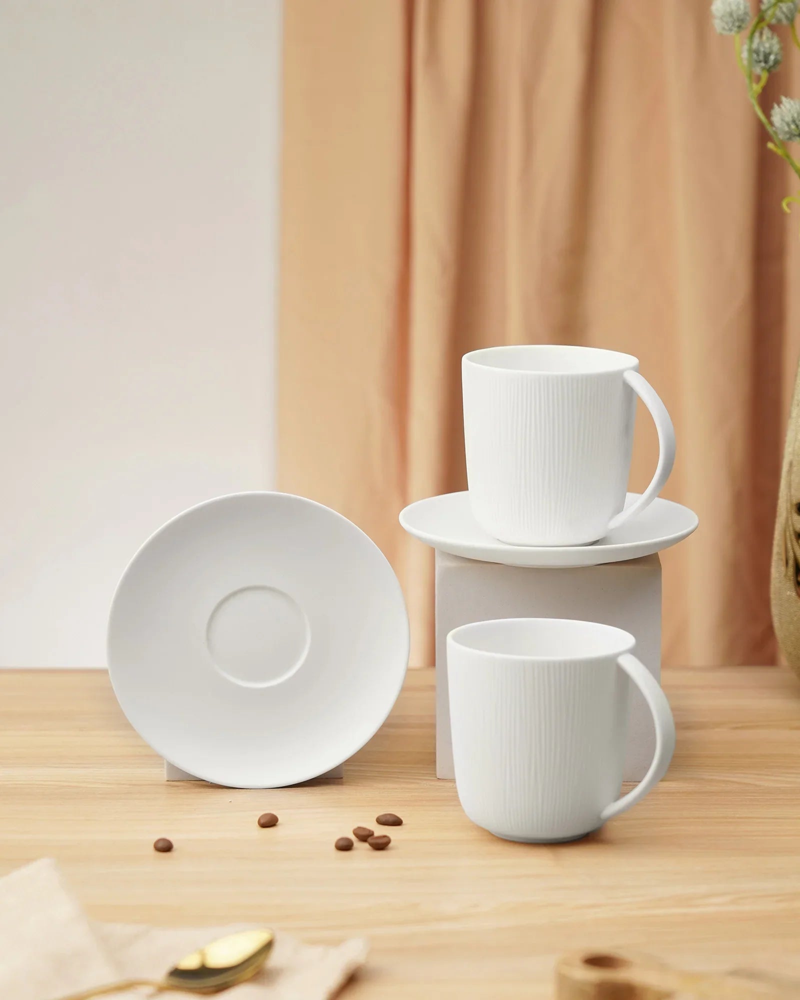 Vogue Conical Fine Porcelain Cup &amp; Saucer Set of 4 – Modern Tapered Design for Tea &amp; Coffee - Vola Global