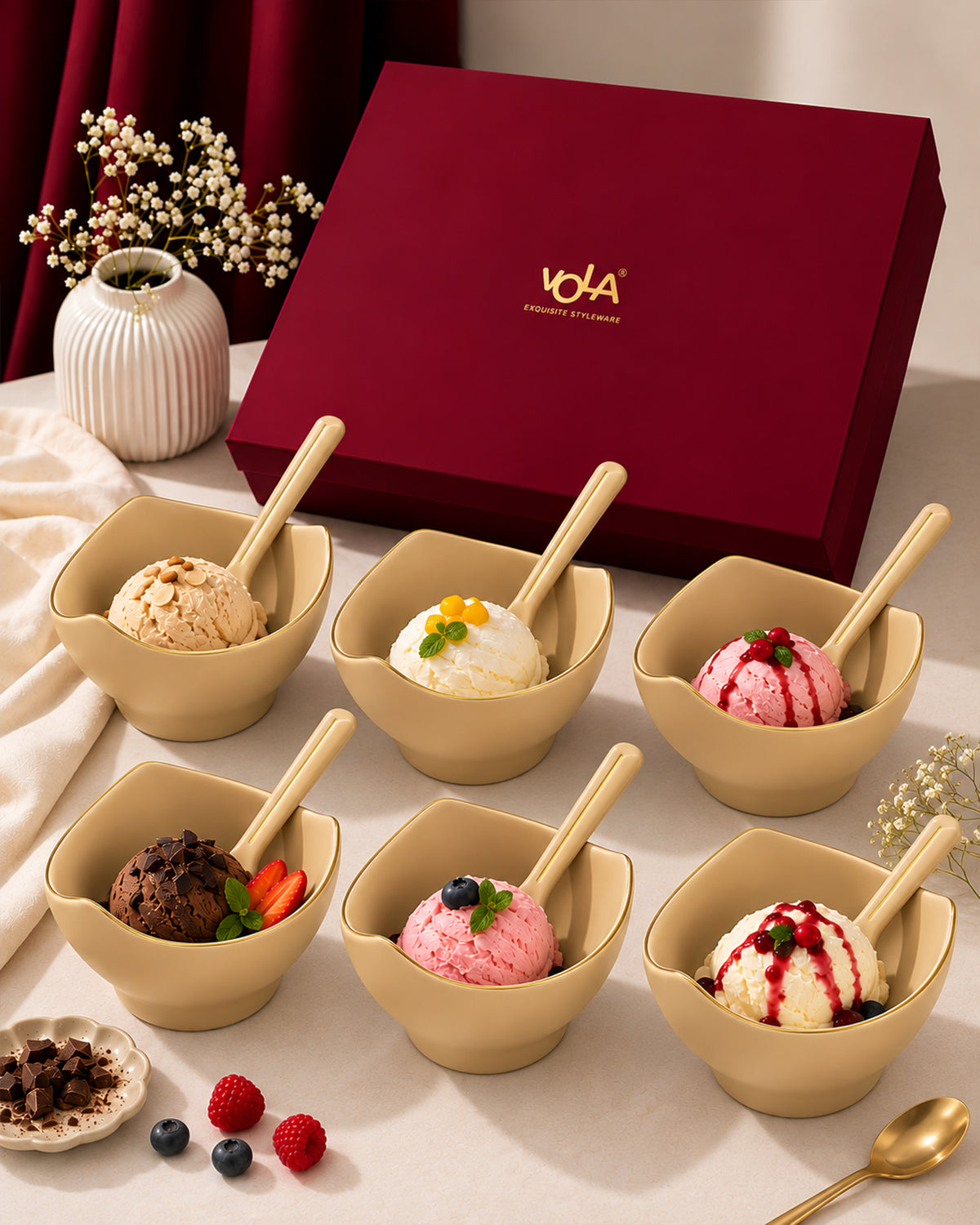Bloom Vegas Fine Porcelain Dessert Set with Gold Detailing - Set of 6