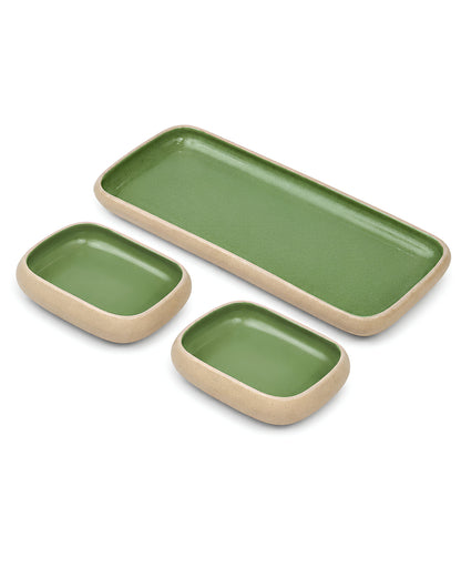 Earthen Soul Serving Trio | Rectangle Platter with 2 Rectangle Bowls | Earth Porcelain