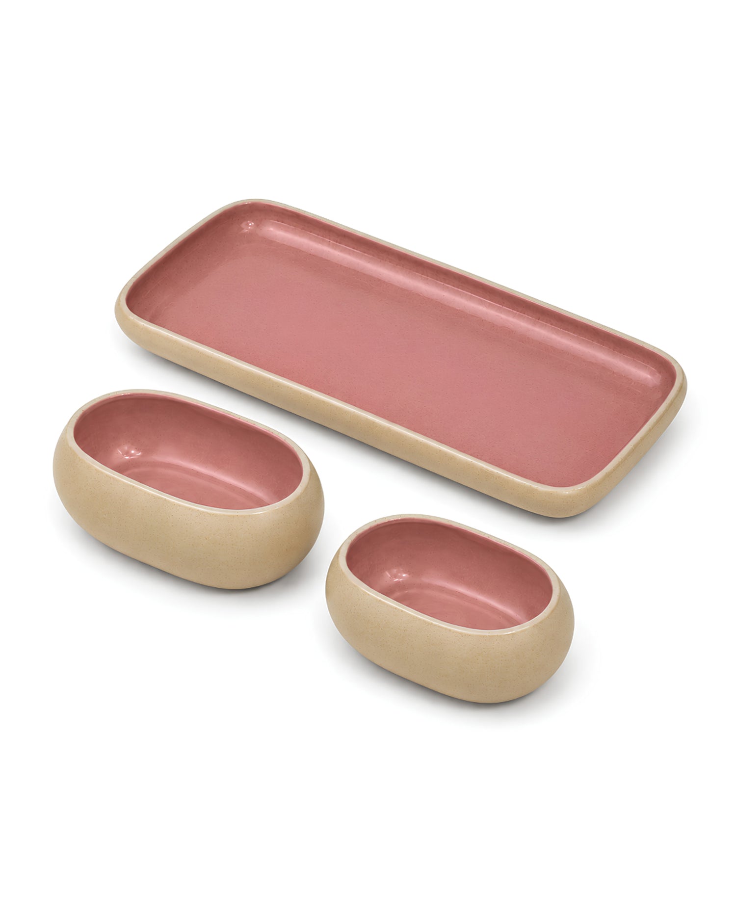 Earthen Soul Serve &amp; Share Set | Rectangle Platter with 2 Oval Bowls | Earth Porcelain