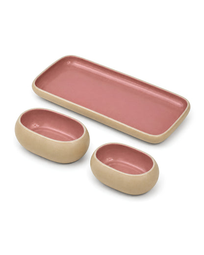 Earthen Soul Serve &amp; Share Set | Rectangle Platter with 2 Oval Bowls | Earth Porcelain