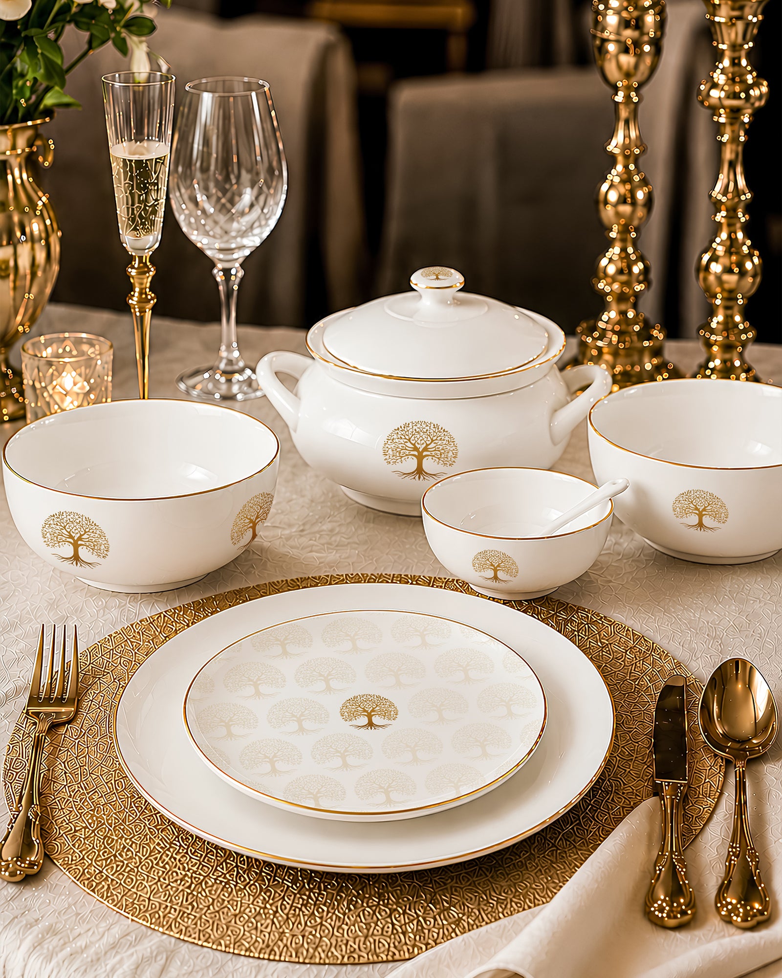 Tree of Life Set of 20 Dinner Set | Gold Botanical Legacy