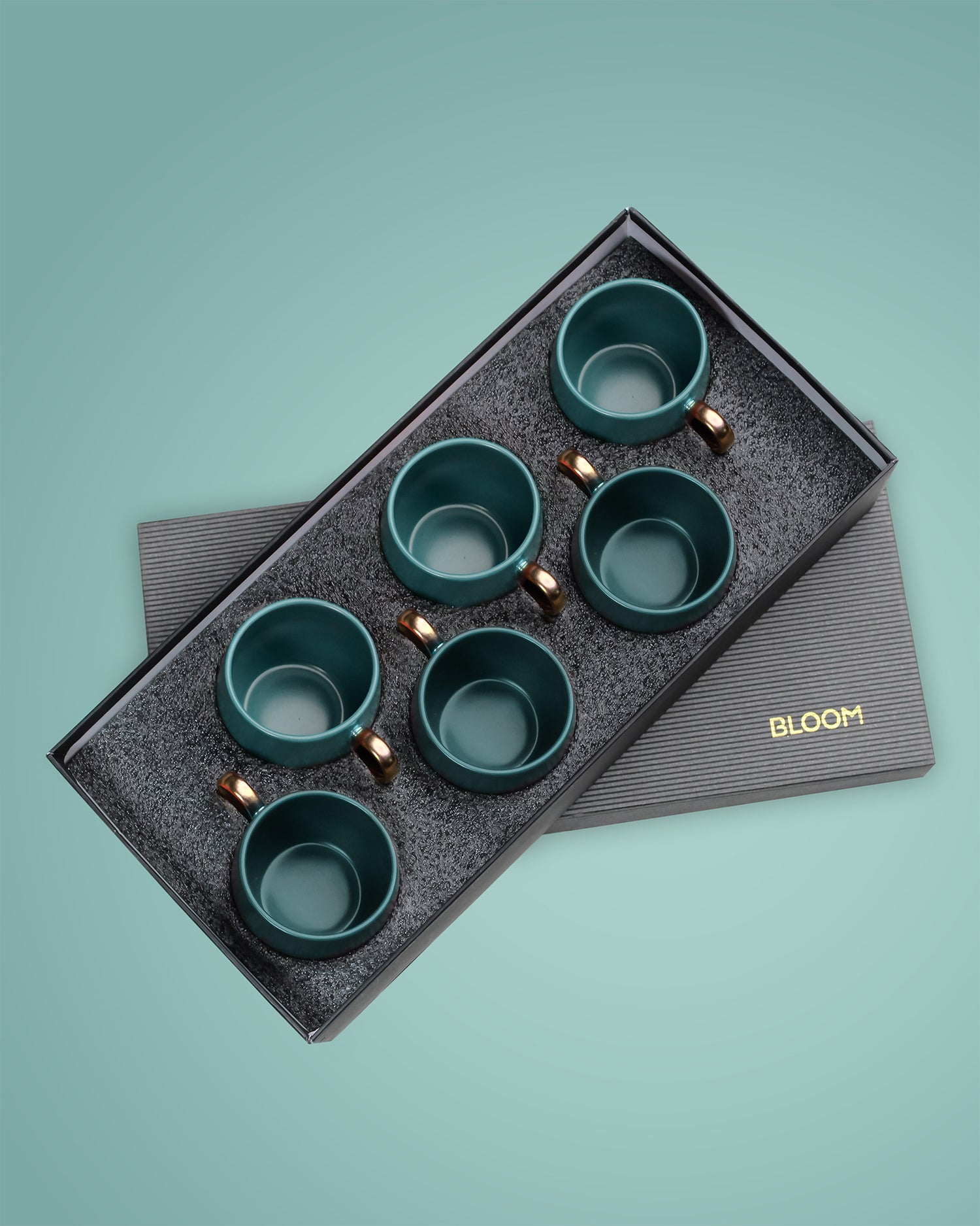 VIRIDIAN GREEN / Set of 6 * 220ml || Bloom luxurious Tea Mug | Golden handle