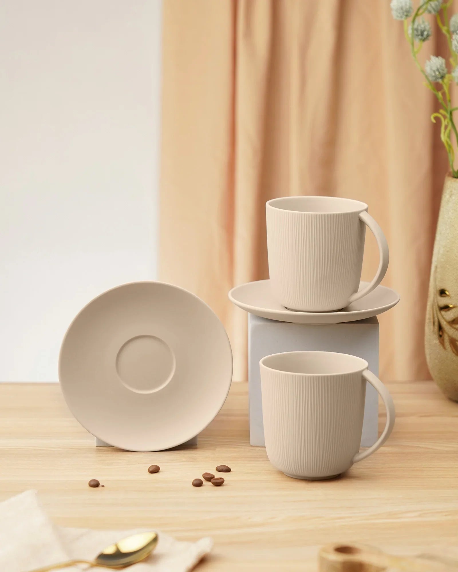 Vogue Conical Fine Porcelain Cup &amp; Saucer Set of 4 – Modern Tapered Design for Tea &amp; Coffee - Vola Global