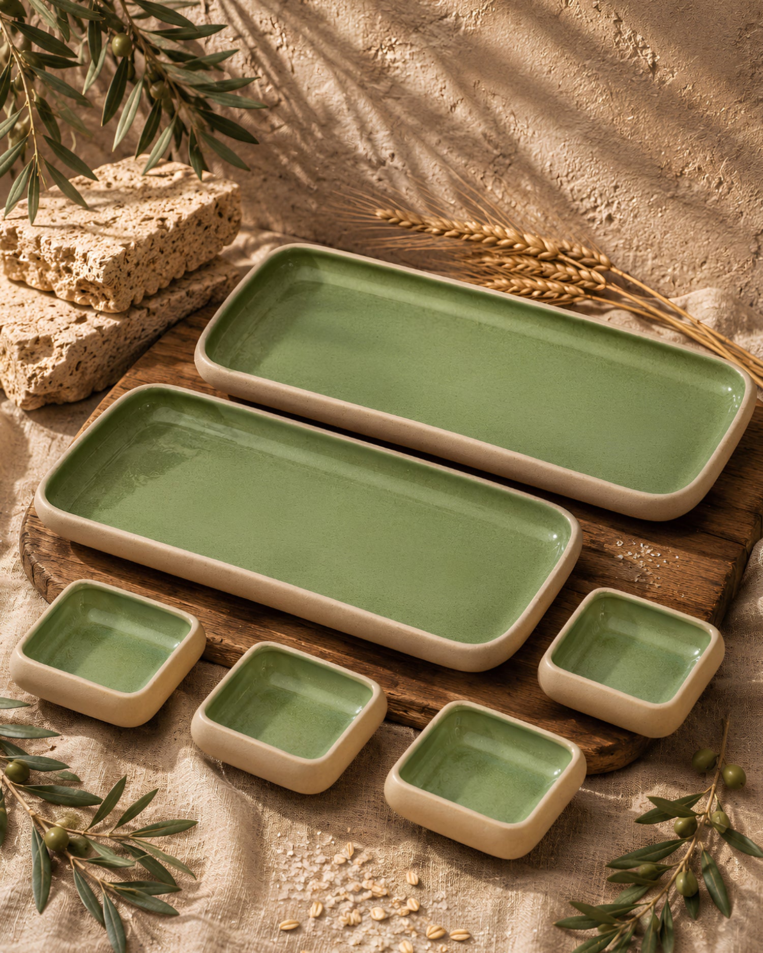 Earthen Soul Long Tray Set | 2 Rectangle Platters with 4 Square Dip Bowls | Earth Porcelain