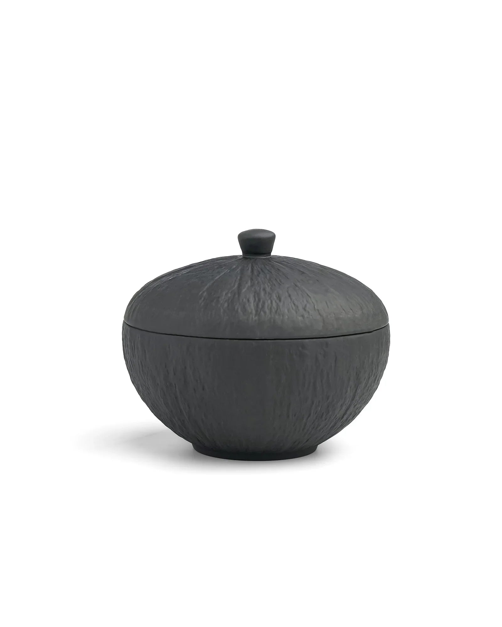 Textured matte black porcelain bowl with lid from Vola Global on white background