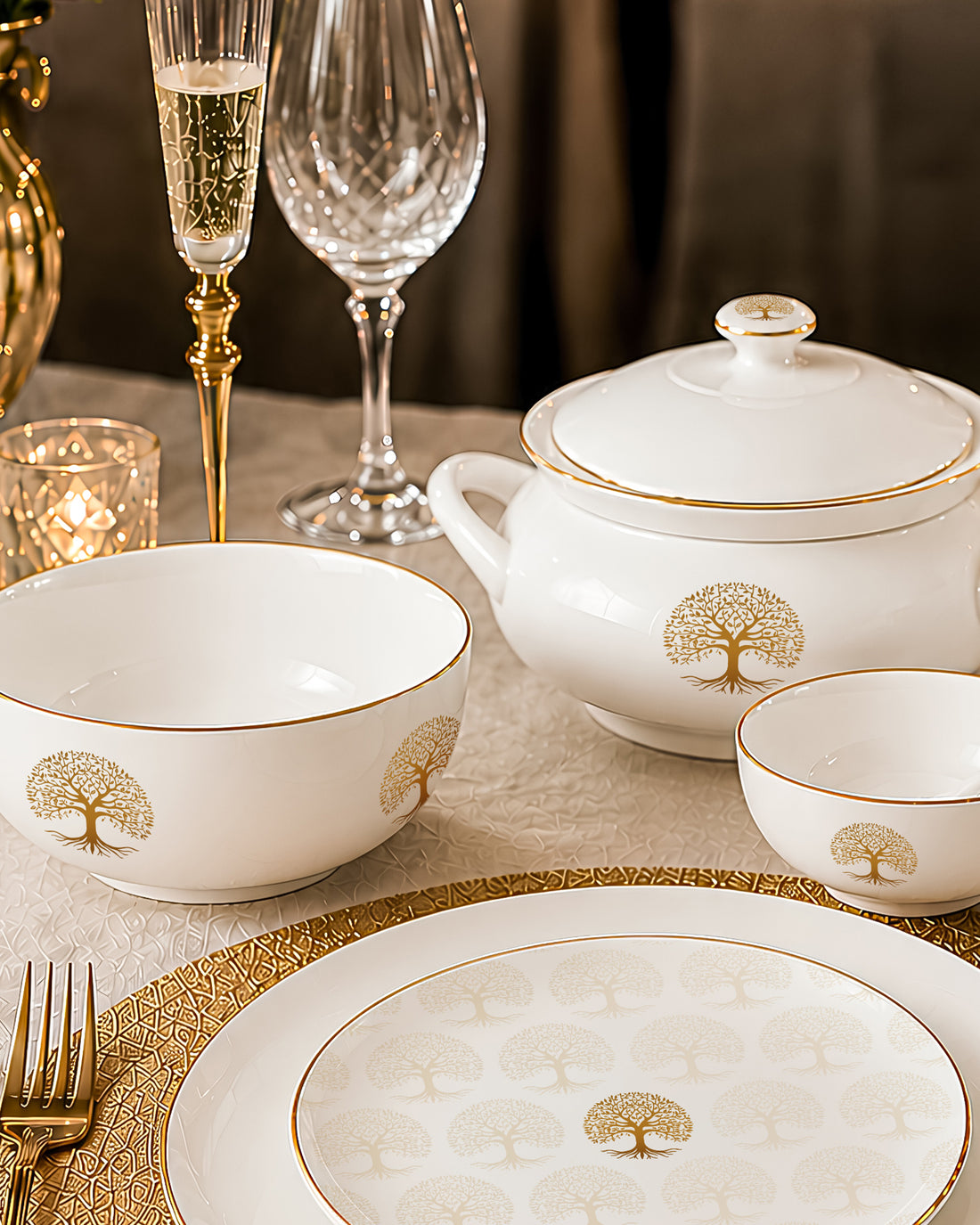 TREE OF LIFE 20-Piece Dinner Set | Gold Botanical Emblem | Limited Edition Legacy Collection