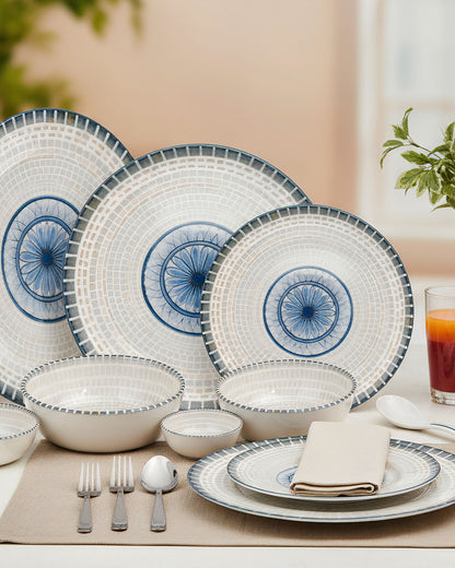 Pixel Collection Sora Fine Porcelain Dinnerware Set of 33 Pcs – Elegant Blue Mosaic Ceramic Tableware