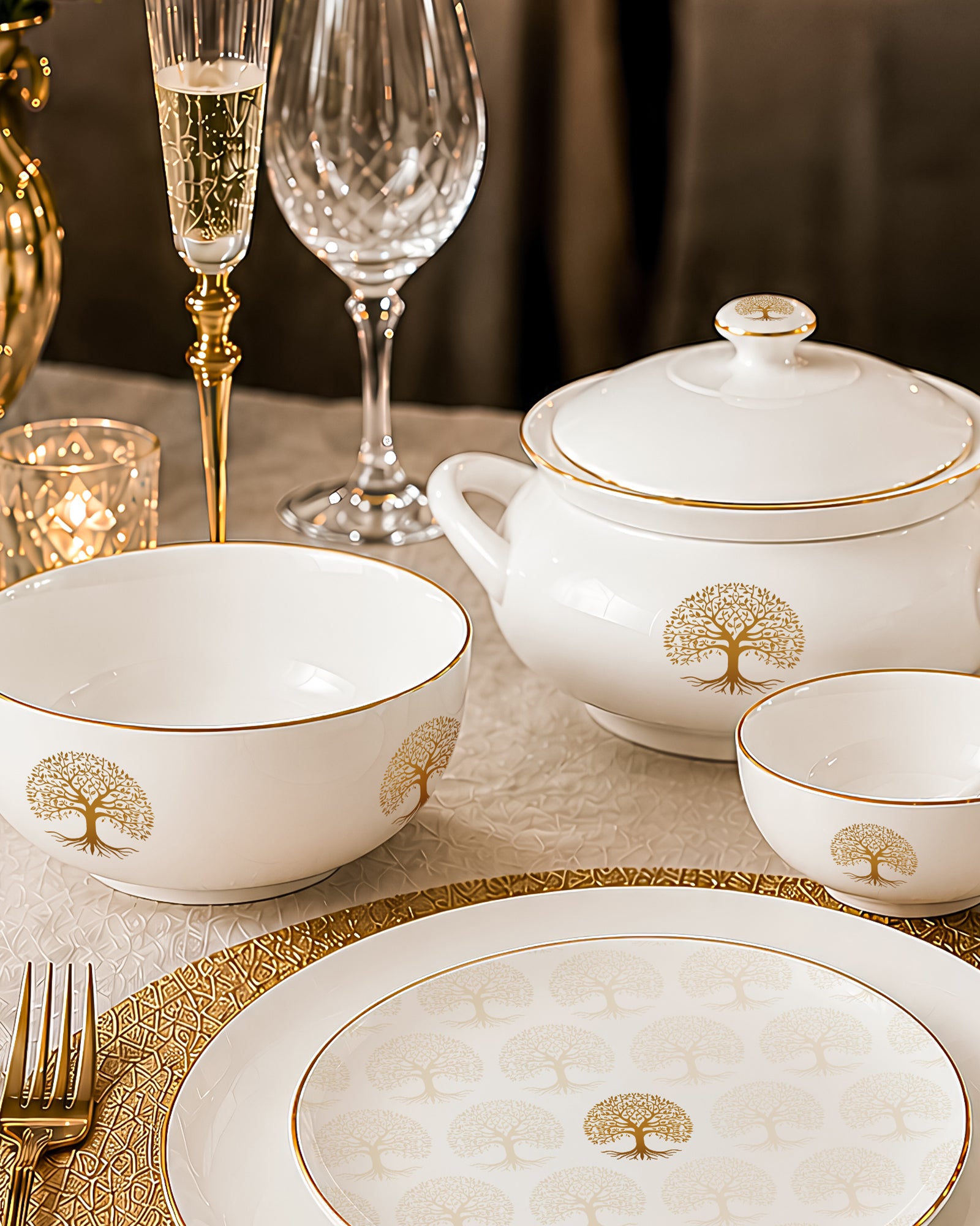 Tree of Life 35-Pc Dinner Set | Gold Botanical Legacy