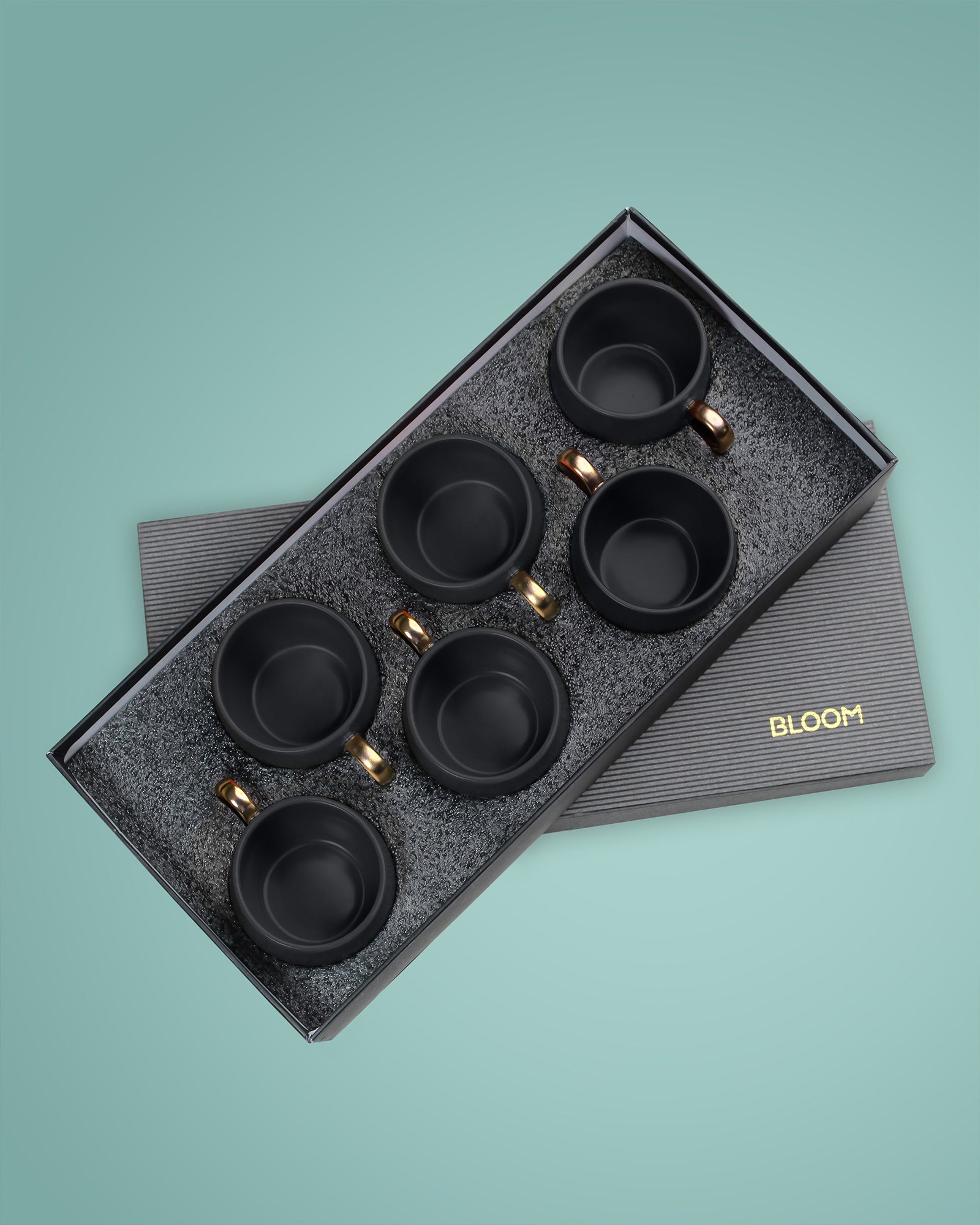 BLACK / Set of 6 * 220ml || Bloom luxurious Tea Mug | Golden handle