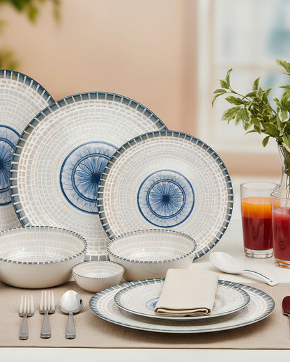 Pixel Collection Sora Fine Porcelain Dinnerware Set of 33 Pcs – Elegant Blue Mosaic Ceramic Tableware