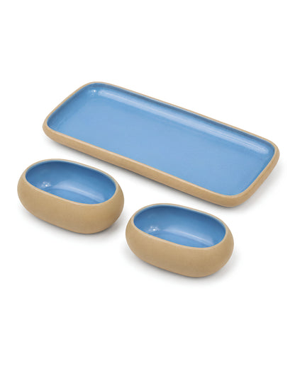 Earthen Soul Serve &amp; Share Set | Rectangle Platter with 2 Oval Bowls | Earth Porcelain