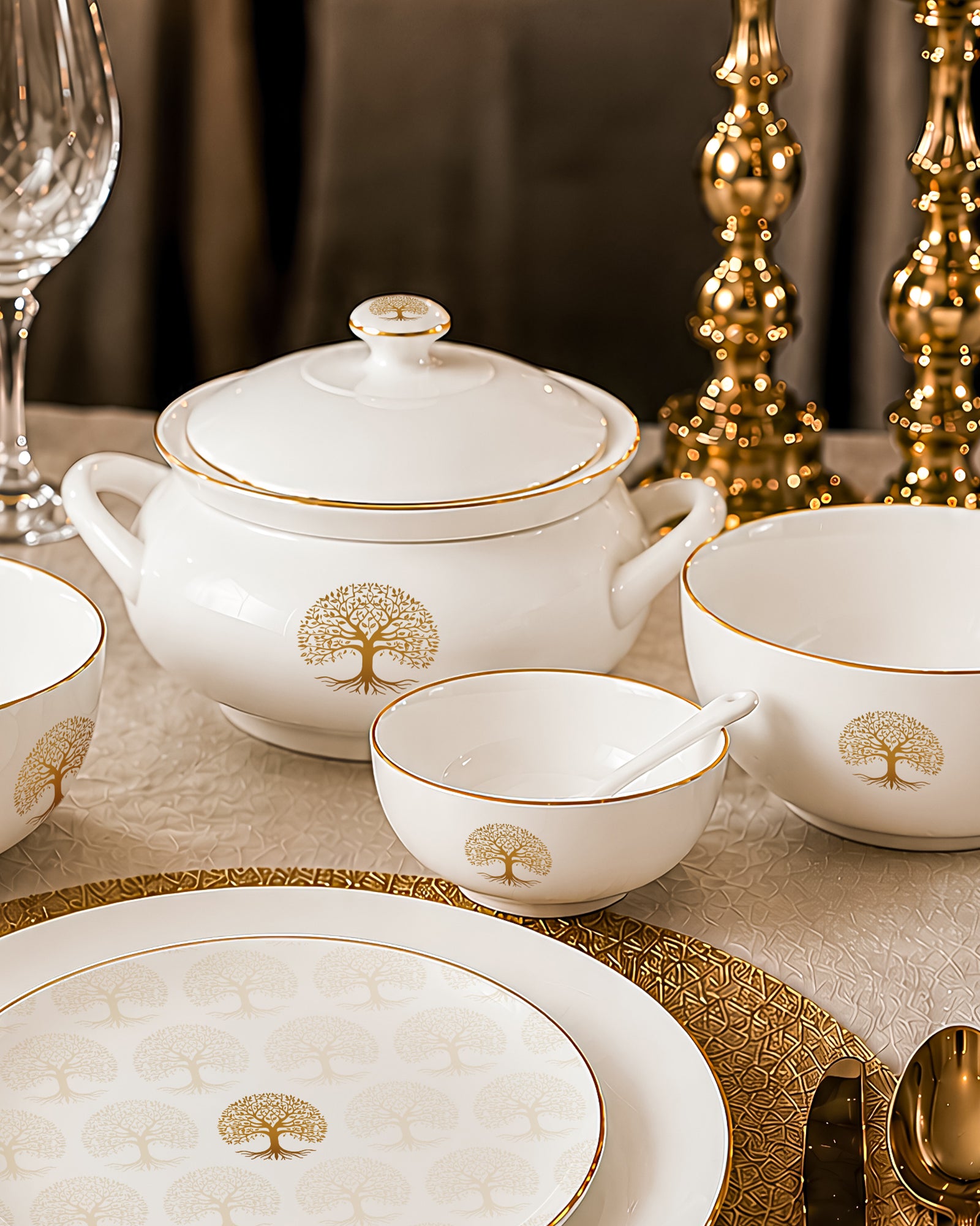 Tree of Life 35-Pc Dinner Set | Gold Botanical Legacy