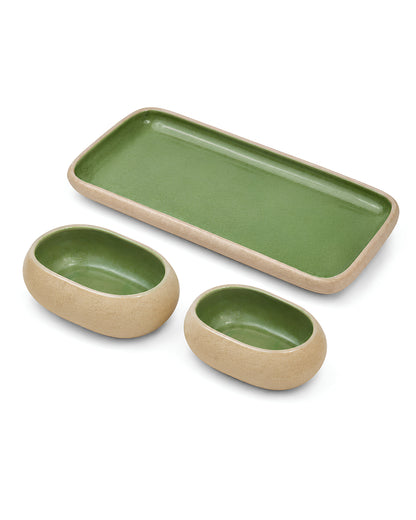 Earthen Soul Serve &amp; Share Set | Rectangle Platter with 2 Oval Bowls | Earth Porcelain