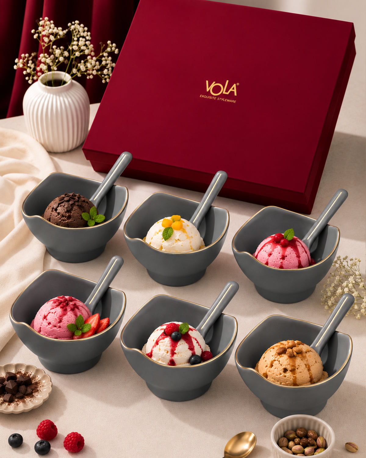 Bloom Vegas Fine Porcelain Dessert Set with Gold Detailing - Set of 6